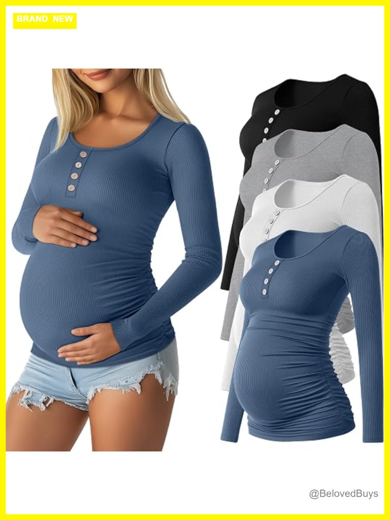 4 Pack Maternity Tops Cotton Long Sleeve Henley Scoop Neck Side Ruched